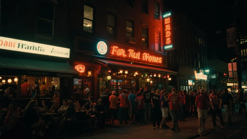 比赛日夜晚的球迷在餐吧街区聚集庆祝的氛围画面