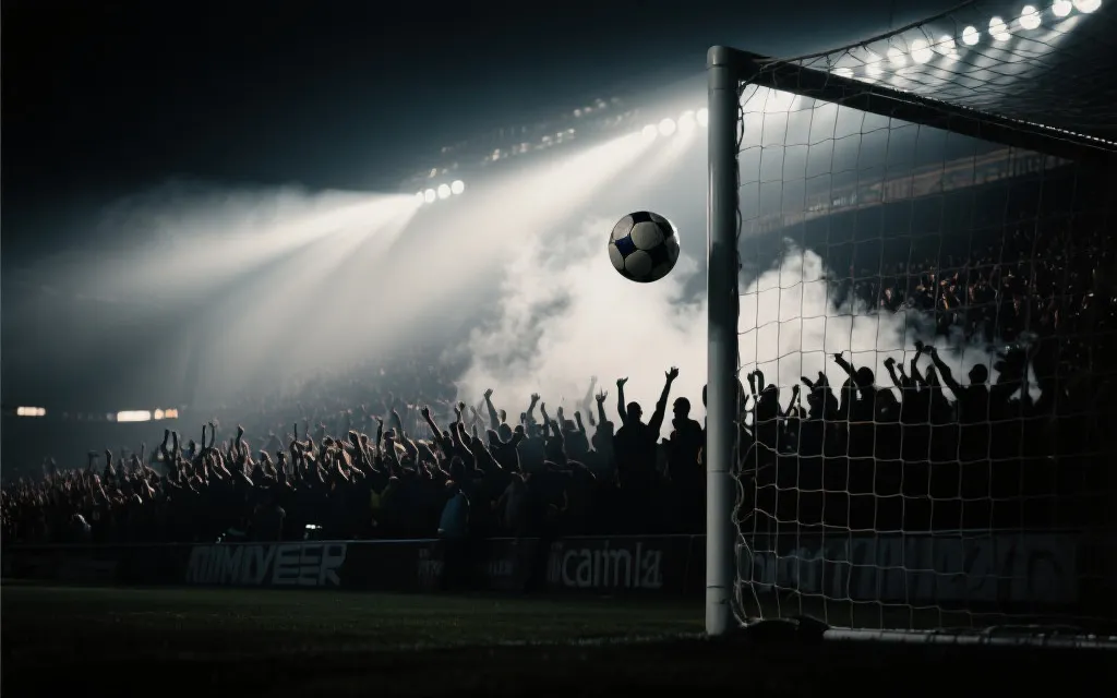 世界杯关键进球瞬间：球入网、球迷双手抱头、灯光与烟雾的电影感场景