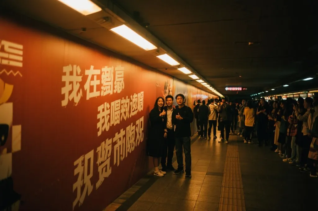 夜晚地铁通道的世界杯主题长廊与应援墙，球迷驻足合影，暖色灯光